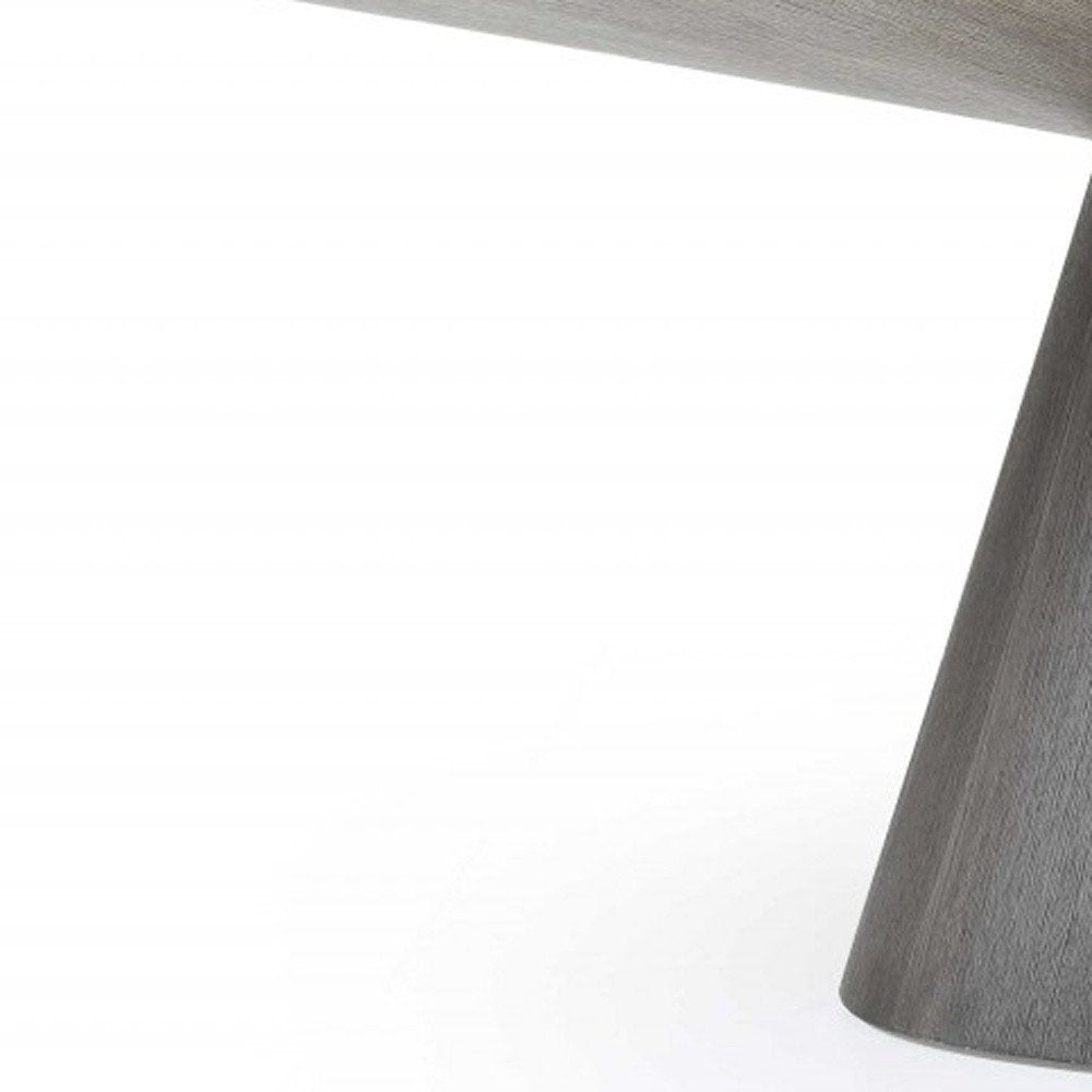 95" Gray Rounded Solid Wood Pedestal Base Dining Table on a white background