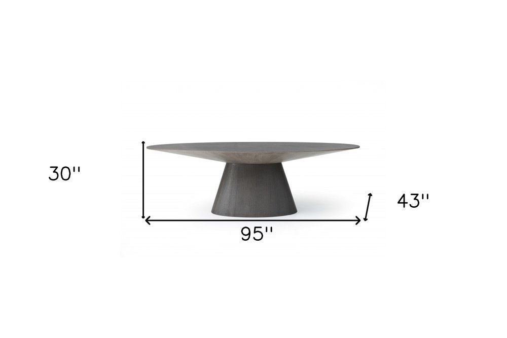 95" Gray Rounded Solid Wood Pedestal Base Dining Table on a white background