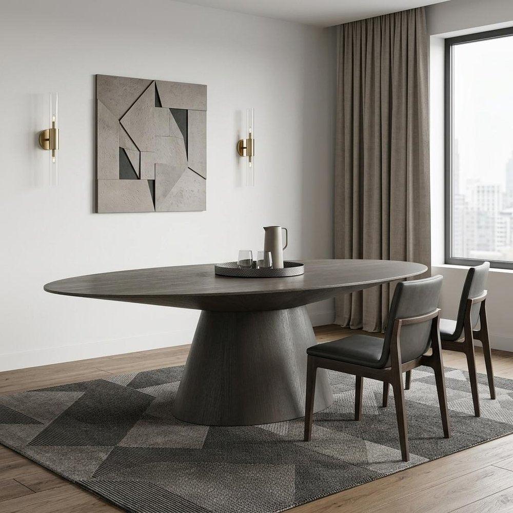 95" Gray Rounded Solid Wood Pedestal Base Dining Table in a home interior