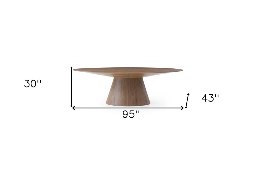 95" Brown Oval Solid Wood Pedestal Base Dining Table on a white background