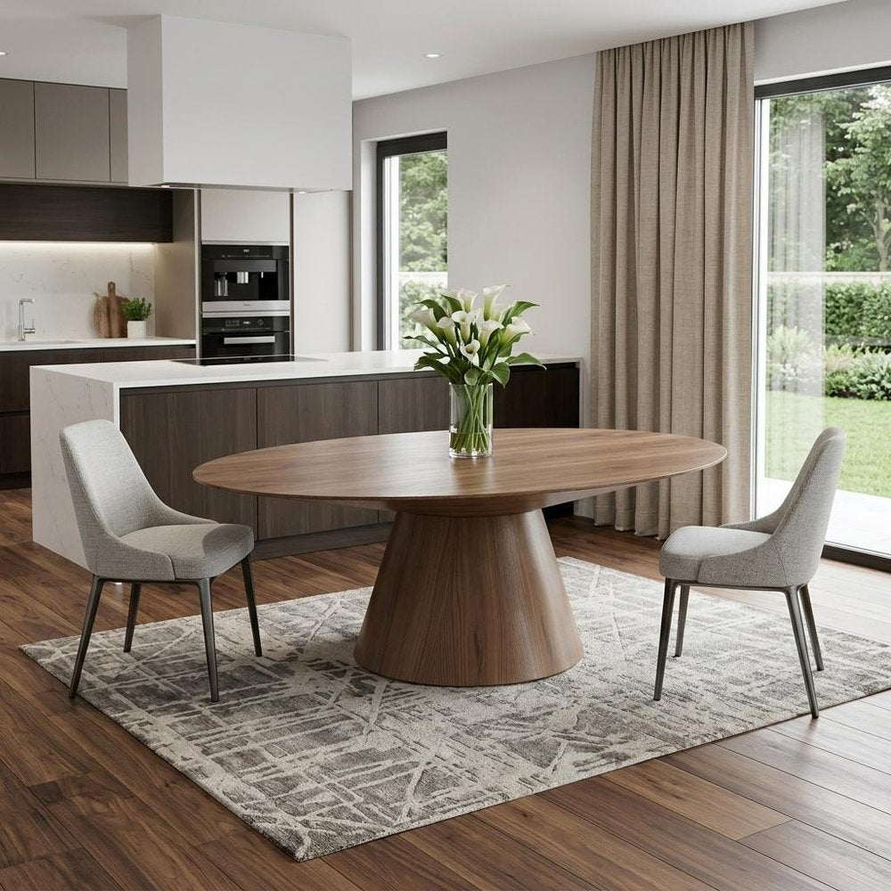 95" Brown Oval Solid Wood Pedestal Base Dining Table in a home interior