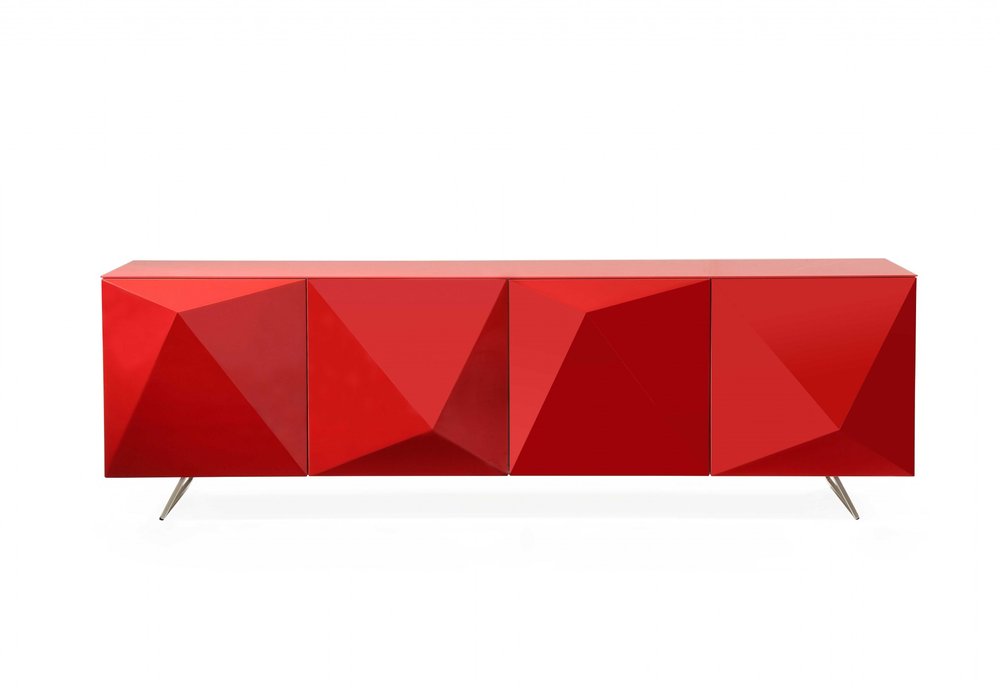 94" Red and Silver Stainless Steel and Metal Console Table on a white background