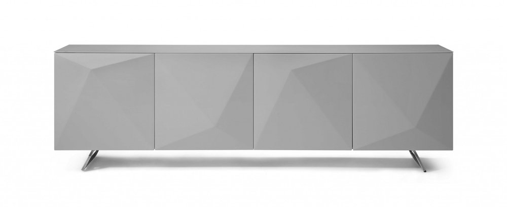 94" Gray Wood And Glass Carved Geometric Sideboard on a white background