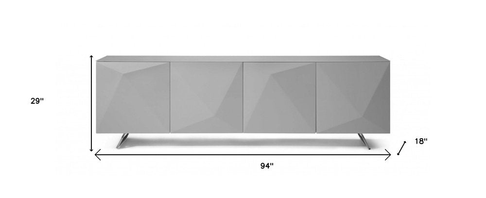 94" Gray Wood And Glass Carved Geometric Sideboard on a white background