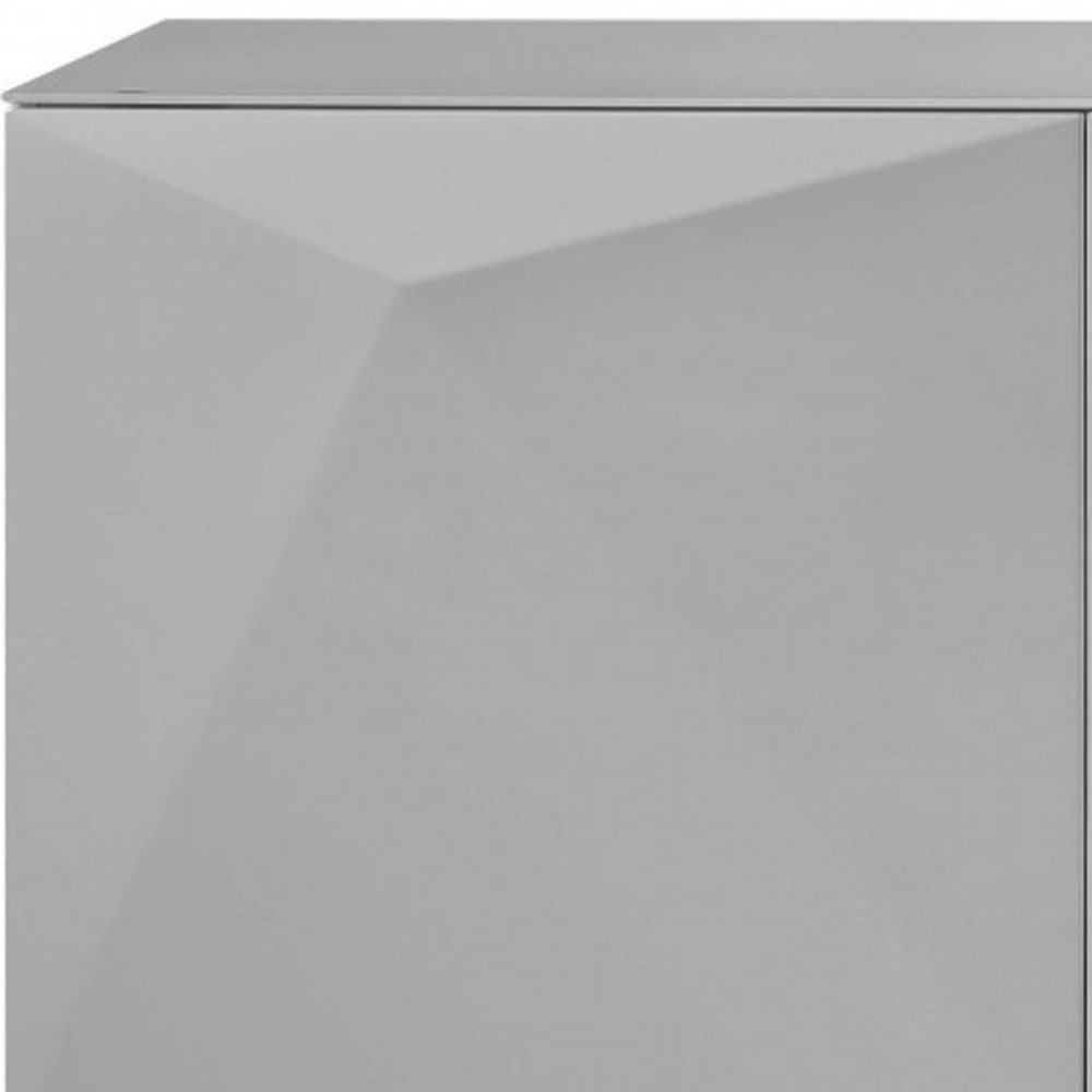 94" Gray Wood And Glass Carved Geometric Sideboard on a white background