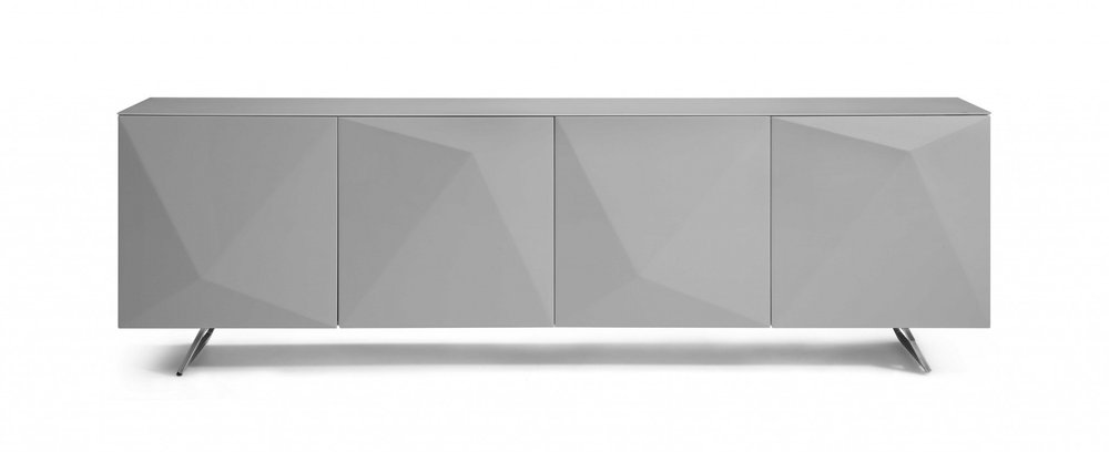94" Gray Wood And Glass Carved Geometric Sideboard on a white background