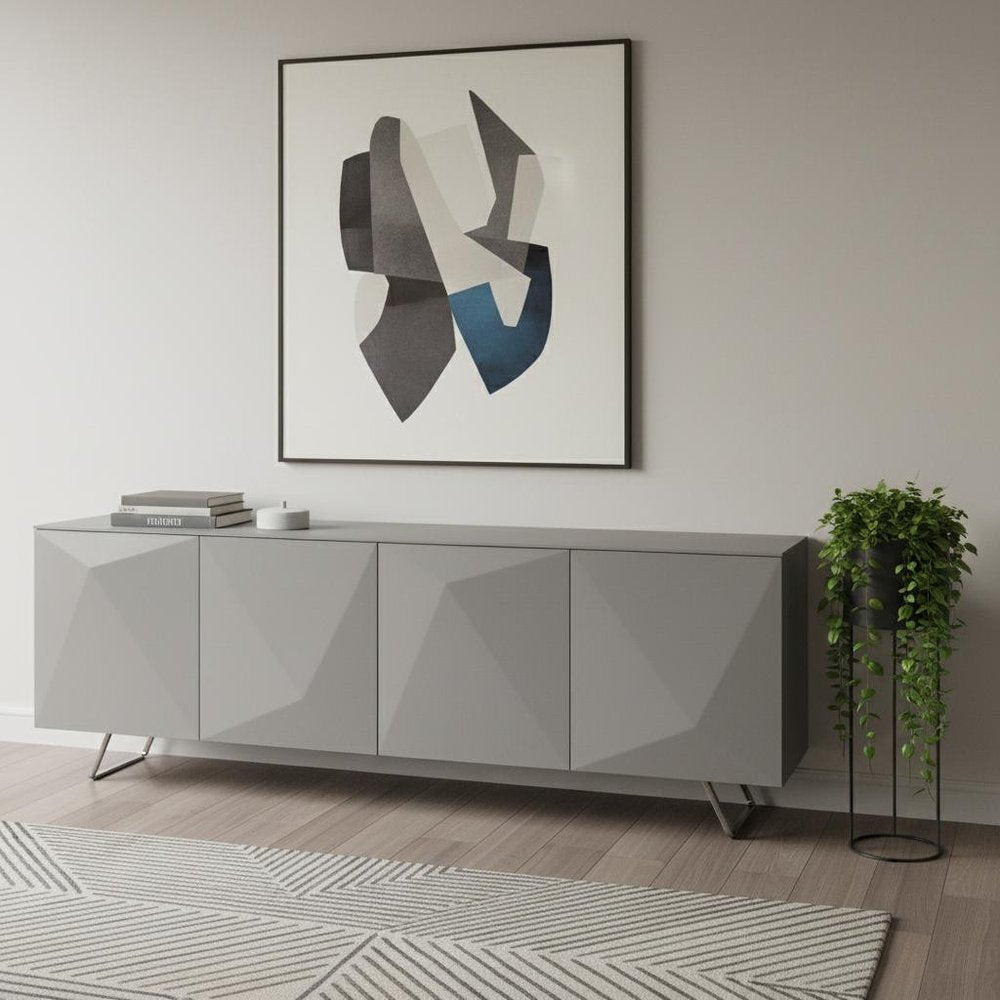 94" Gray Wood And Glass Carved Geometric Sideboard in a home interior