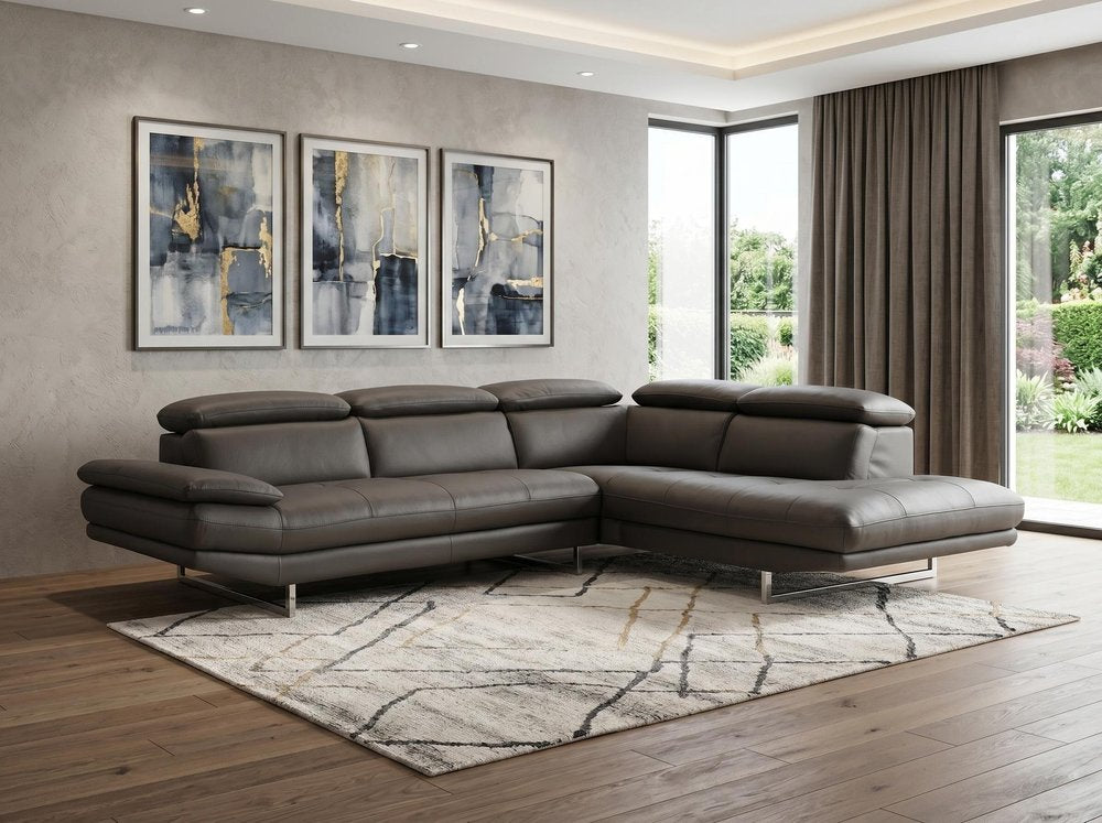 Dark Gray Genuine Leather L Shaped Two Piece Sofa and Chaise Sectional