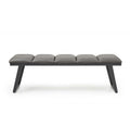 Gray upholstered faux leather bench with a black metal frame on a white background.