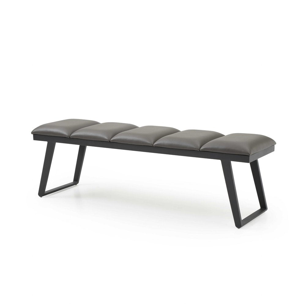 57" Gray Upholstered Faux Leather Bench. Bench isolated on a plain white background, finished in gray faux leather.