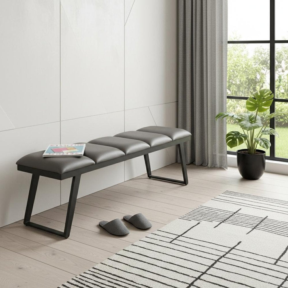 57" Gray Upholstered Faux Leather Bench. Bench isolated on a plain white background, in a gray faux leather finish.