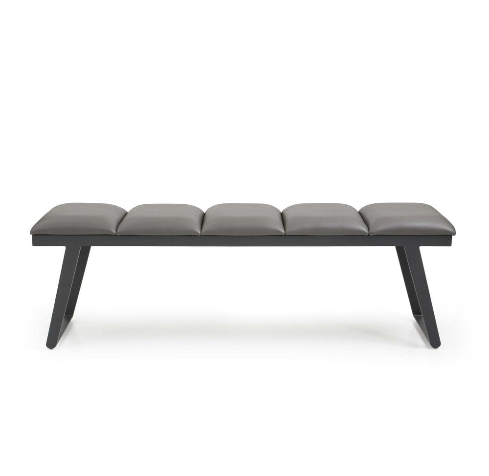 57" Gray Upholstered Faux Leather Bench. Bench isolated on a plain white background, showing a gray faux leather surface.