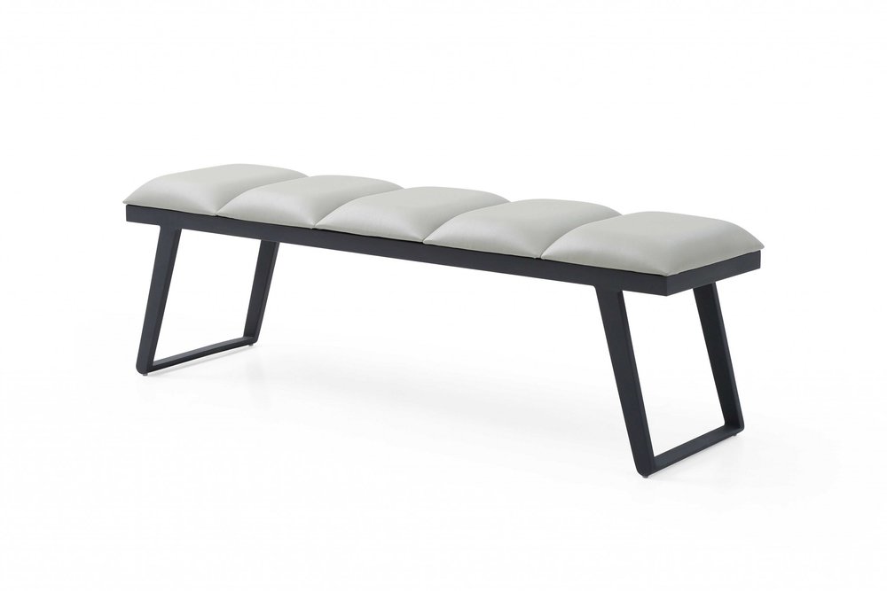 57" Light Gray and Black Upholstered Faux Leather Bench. Bench isolated on a plain white background, showing a light gray faux leather surface.