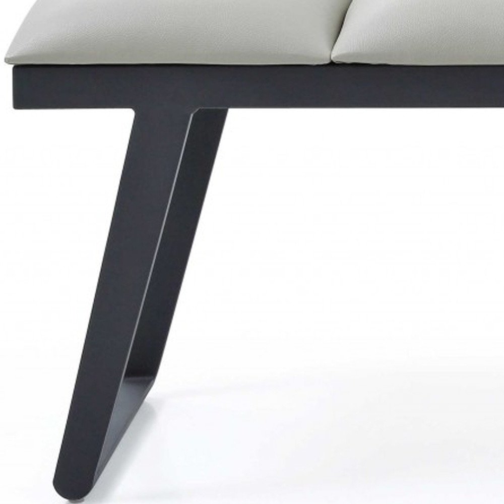 57" Light Gray and Black Upholstered Faux Leather Bench. Bench isolated on a plain white background, showing a light gray faux leather surface.