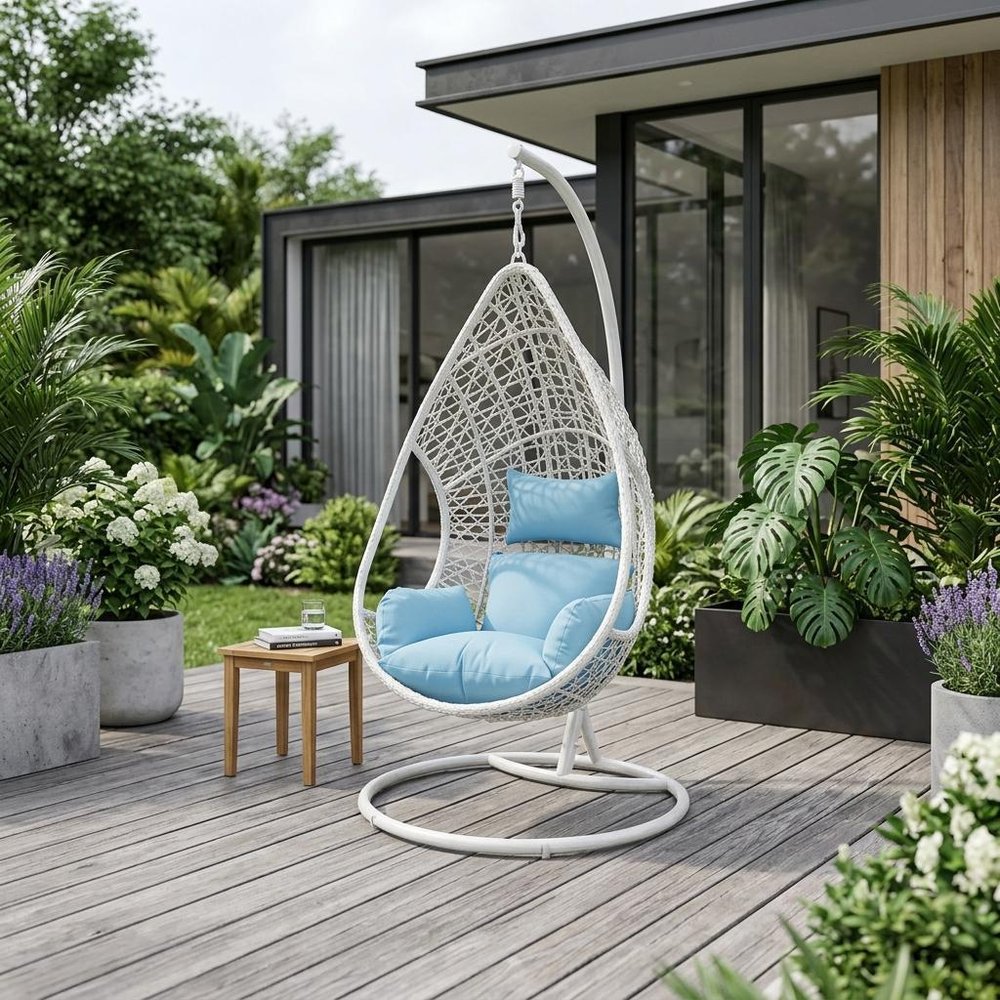 40" Blue and Steel stand finished Metal Outdoor Swing Chair with Blue Cushion