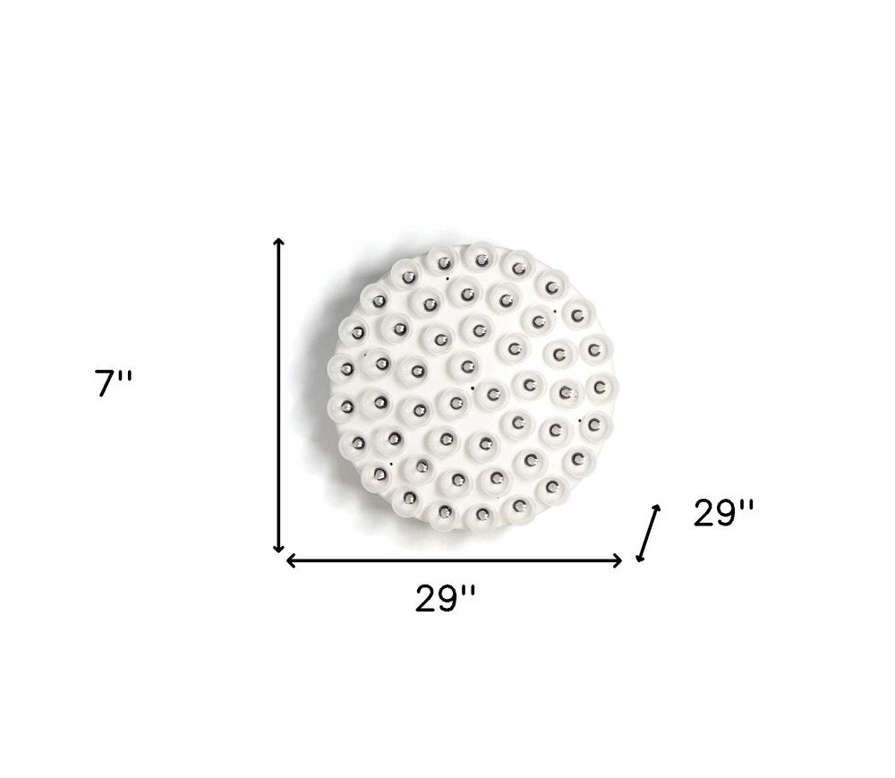 29 X 29 X 7 White Glass Metal Pendant Lamp. Pendant light isolated on a plain white background, showing a white glass surface.