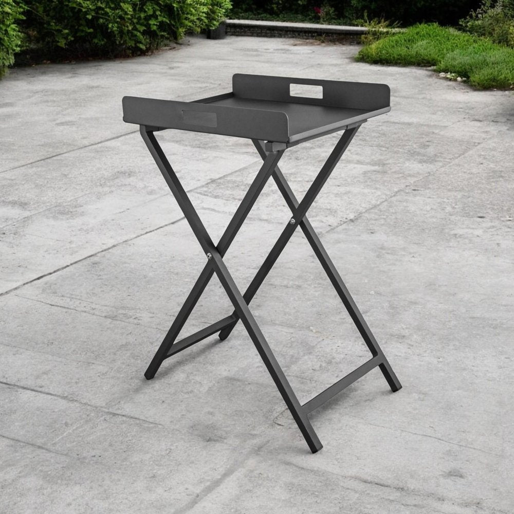 19" Gray Aluminum Outdoor Side Table shown outdoors on a tiled patio with greenery.