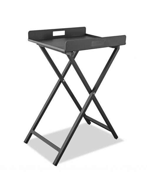 Gray aluminum folding side table with a rectangular top and X-shaped legs on a white background.