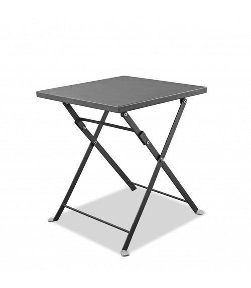 Gray square stainless steel folding end table on a white background.