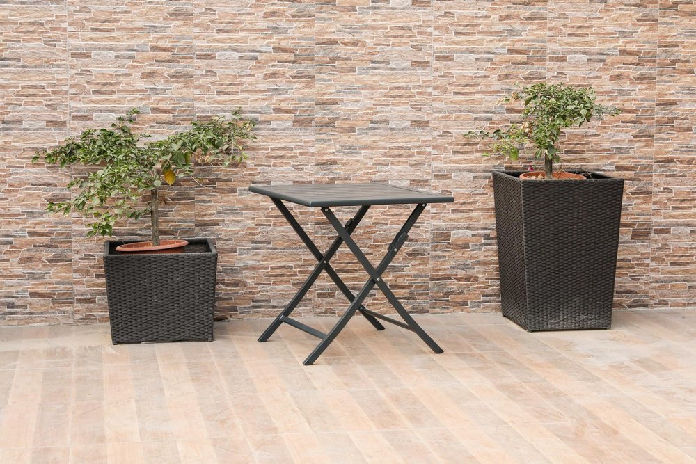 18" Gray Stainless Steel Square End Table. Outdoor table in gray metal.