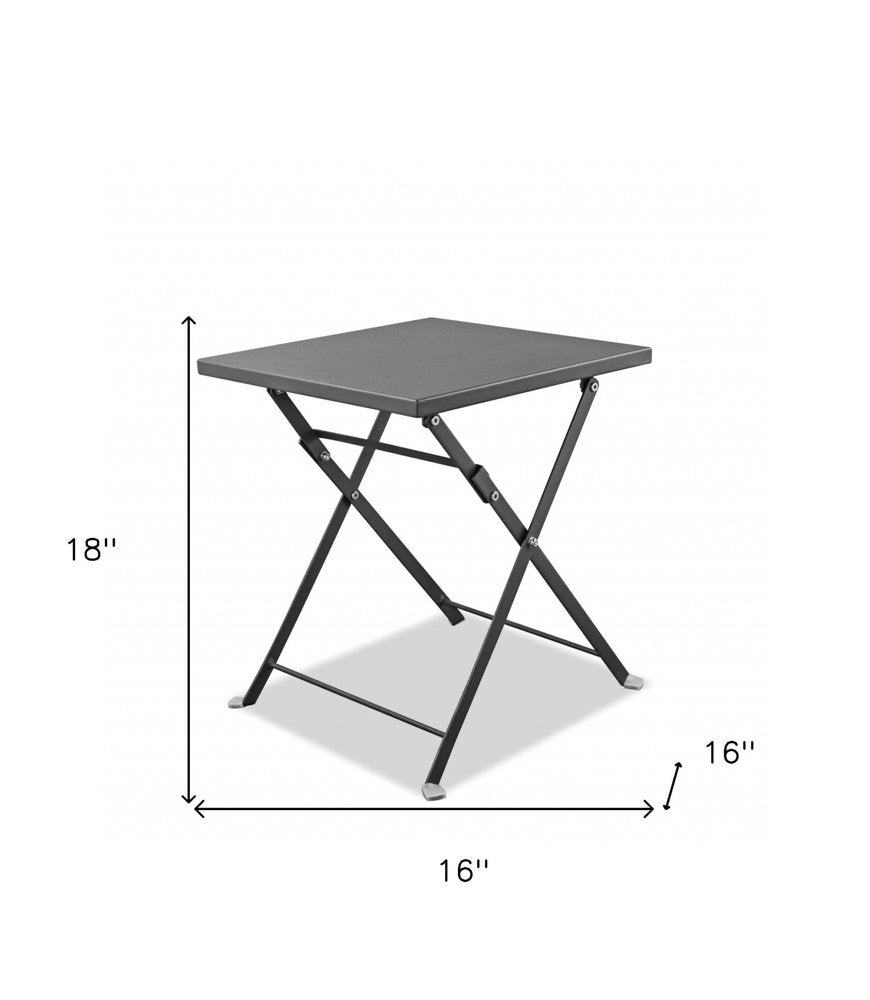 18" Gray Stainless Steel Square End Table. Outdoor table isolated on a plain white background, finished in gray metal.