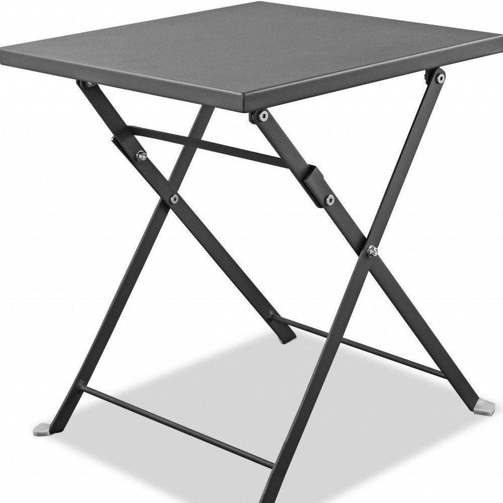 18" Gray Stainless Steel Square End Table. Outdoor table isolated on a plain white background, finished in gray metal.
