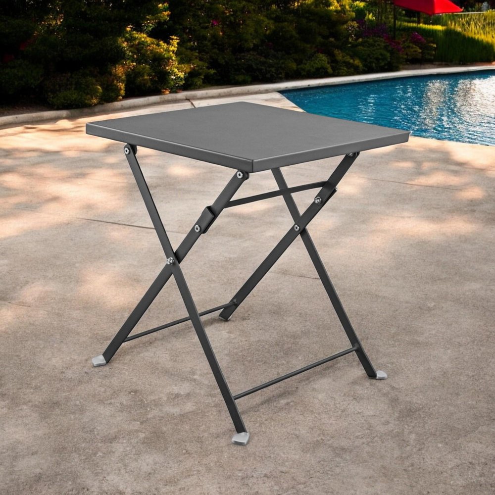 18" Gray Stainless Steel Square End Table styled in a furnished interior with a black wall on a wood floor.