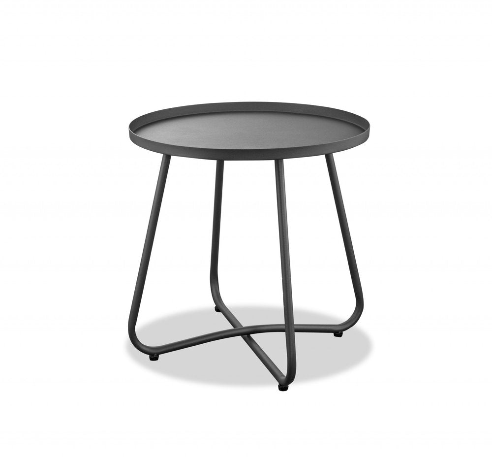 Gray rounded aluminum outdoor side table with a cross-shaped base, isolated on a white background.