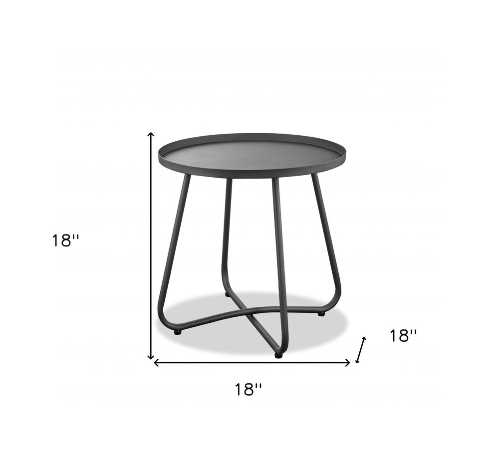 18" Gray Rounded Aluminum Outdoor Side Table. Outdoor table isolated on a plain white background, showing a gray metal surface.