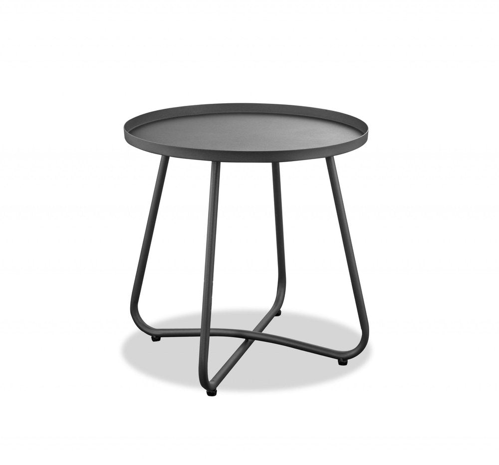 18" Gray Rounded Aluminum Outdoor Side Table. Outdoor table isolated on a plain white background, showing a gray metal surface.