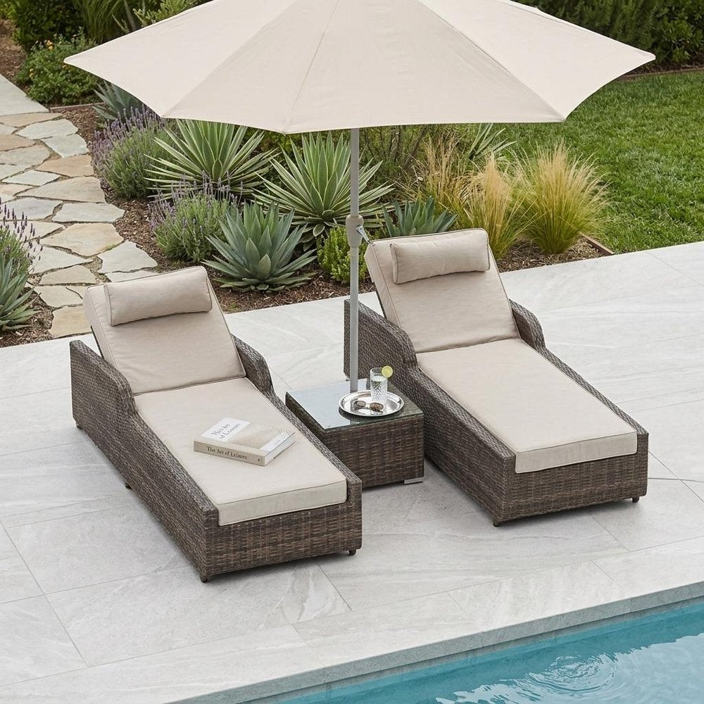 78" Set of Two Brown Indoor Outdoor Chaise Lounge with Beige Cushion
