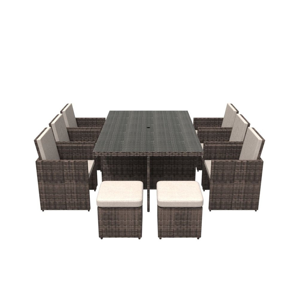 11 Piece Clear and Gray Glass Dining Set. Outdoor dining set isolated on a plain white background, showing a gray glass surface.