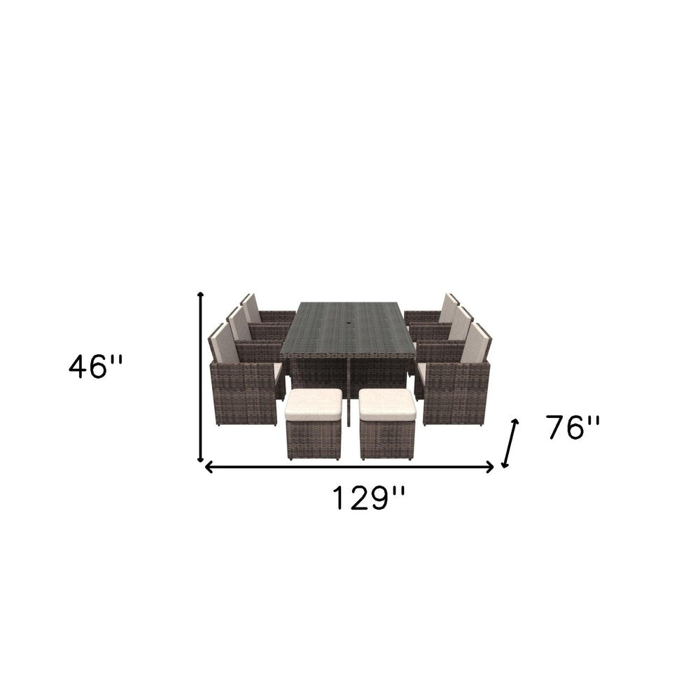 11 Piece Clear and Gray Glass Dining Set. Outdoor dining set isolated on a plain white background, showing a gray glass surface.
