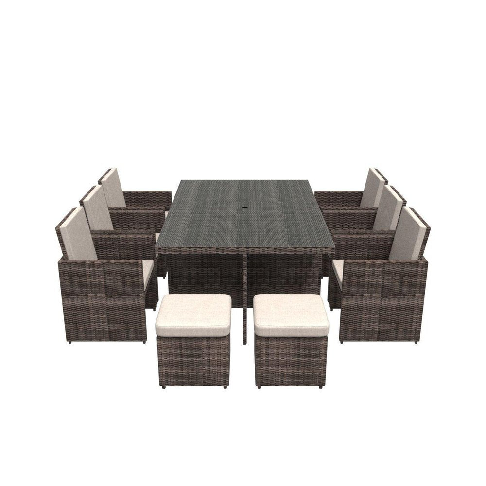 11 Piece Clear and Gray Glass Dining Set. Outdoor dining set isolated on a plain white background, in a gray glass finish.