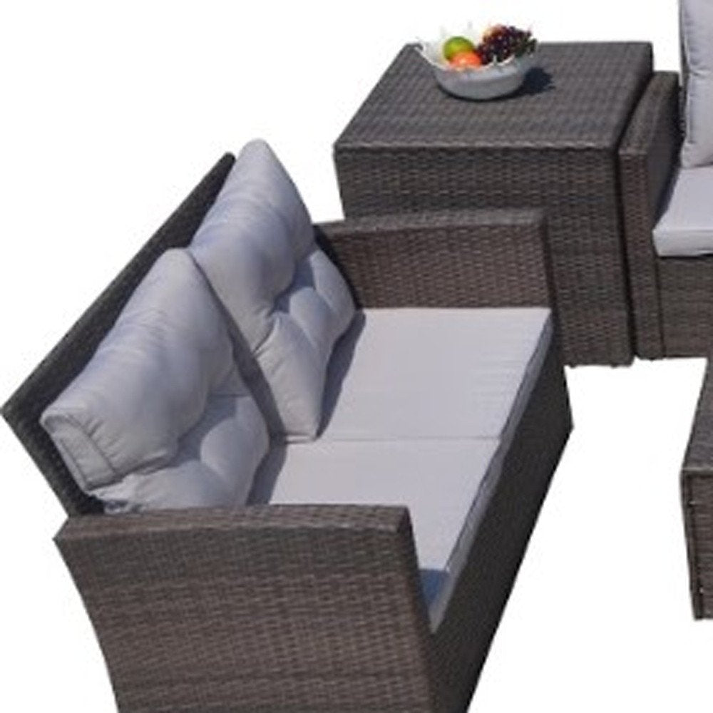 Six Piece Outdoor Brown Metal Sofa Seating Group With Cushions on a white background