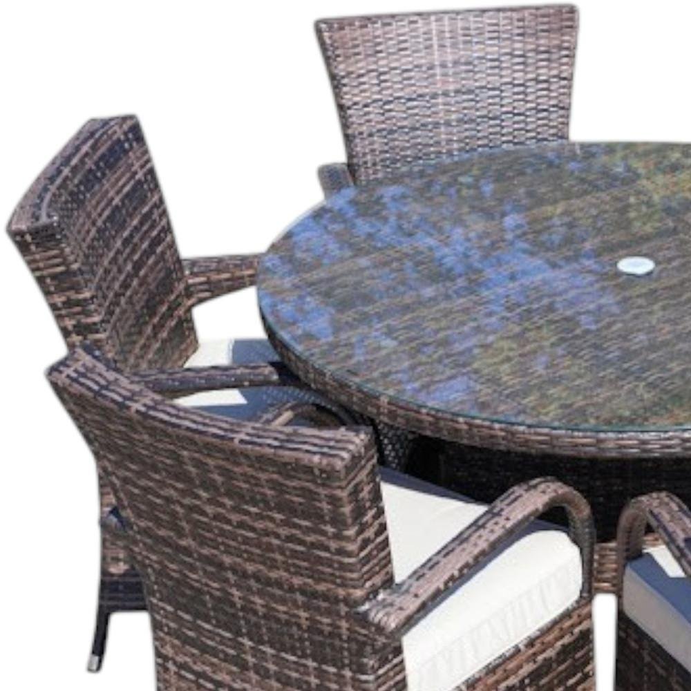 Seven Piece Clear and Gray Round Glass Dining Set on a white background