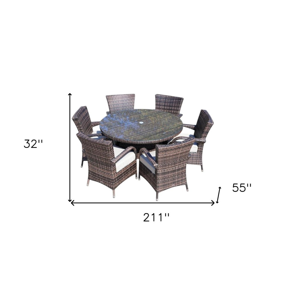 Seven Piece Clear and Gray Round Glass Dining Set on a white background