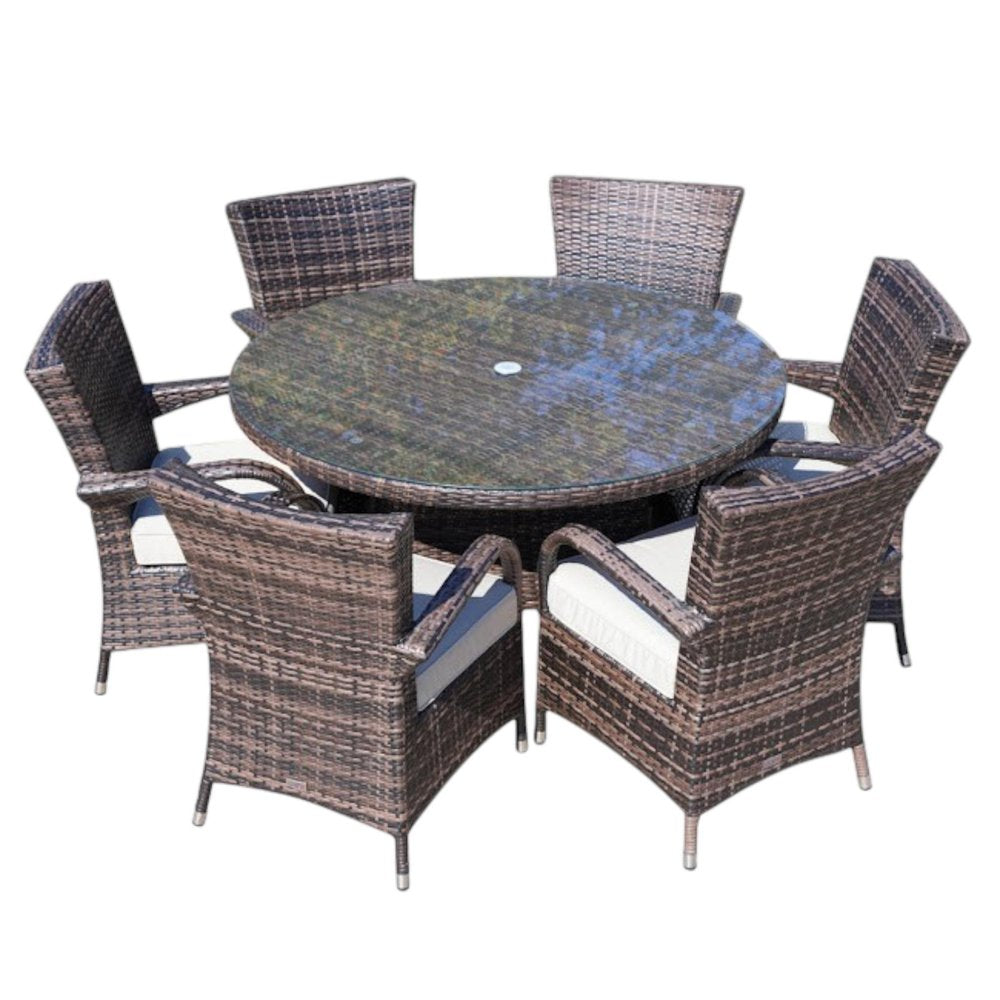 Seven Piece Clear and Gray Round Glass Dining Set on a white background