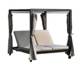 Gray metal patio daybed with beige cushions and gray curtains on a white background.