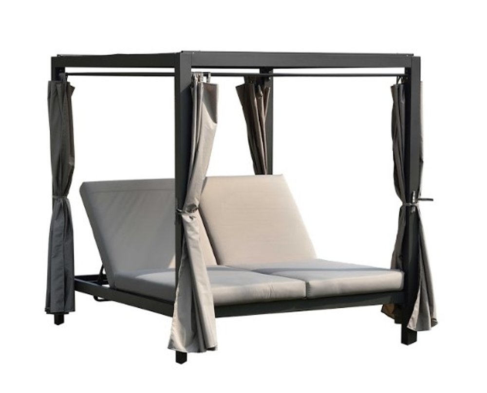 Gray metal patio daybed with beige cushions and gray curtains on a white background.