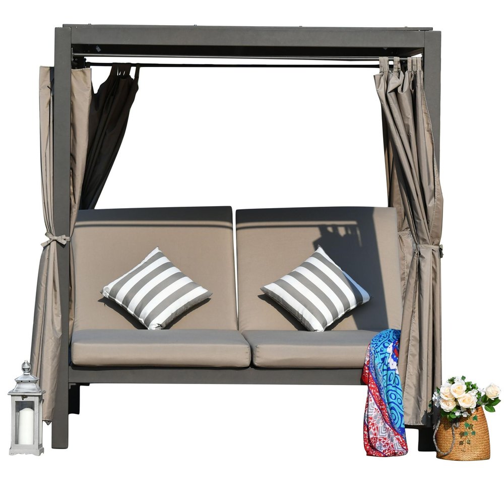 162" Gray Metal and Cushions Reclining Patio Daybed. Outdoor sofa isolated on a plain white background, in a gray metal finish.