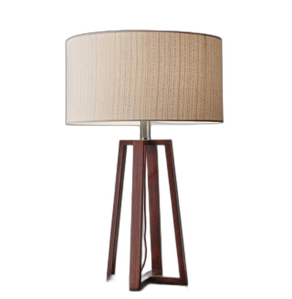 Walnut Wood Finish Linen Fabric Shade Table Lamp on a white background