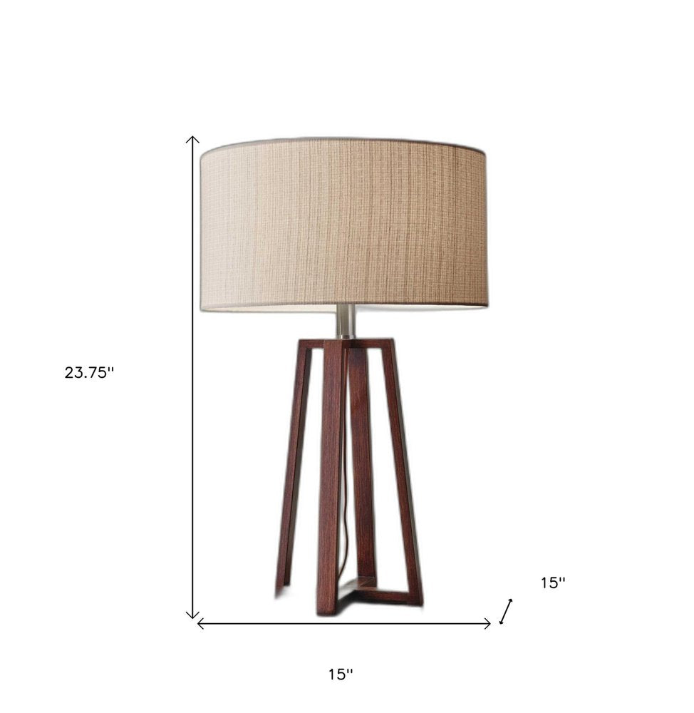 Walnut Wood Finish Linen Fabric Shade Table Lamp on a white background