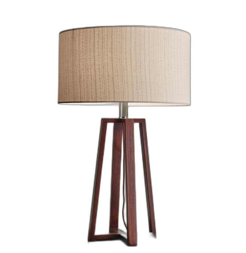 Walnut Wood Finish Linen Fabric Shade Table Lamp on a white background