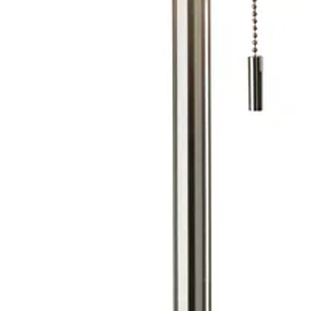 68" Silver Floor Lamp With White Fabric Drum Shade. Floor lamp isolated on a plain white background, finished in silver metal.