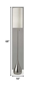 68" Silver Floor Lamp With White Fabric Drum Shade. Floor lamp isolated on a plain white background, showing a silver metal surface.