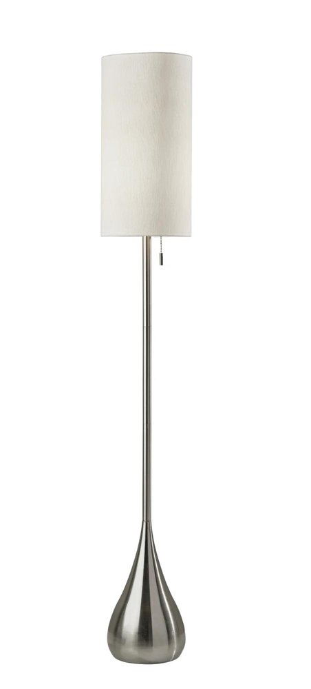 68" Silver Floor Lamp With White Fabric Drum Shade. Floor lamp isolated on a plain white background, in a silver metal finish.