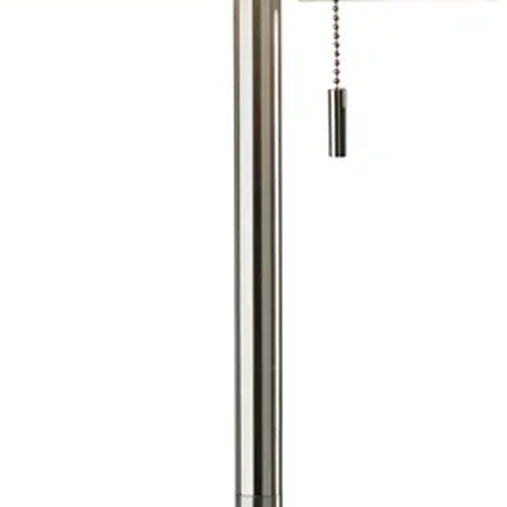 68" Silver Floor Lamp With White Fabric Drum Shade. Floor lamp isolated on a plain white background, in a silver metal finish.