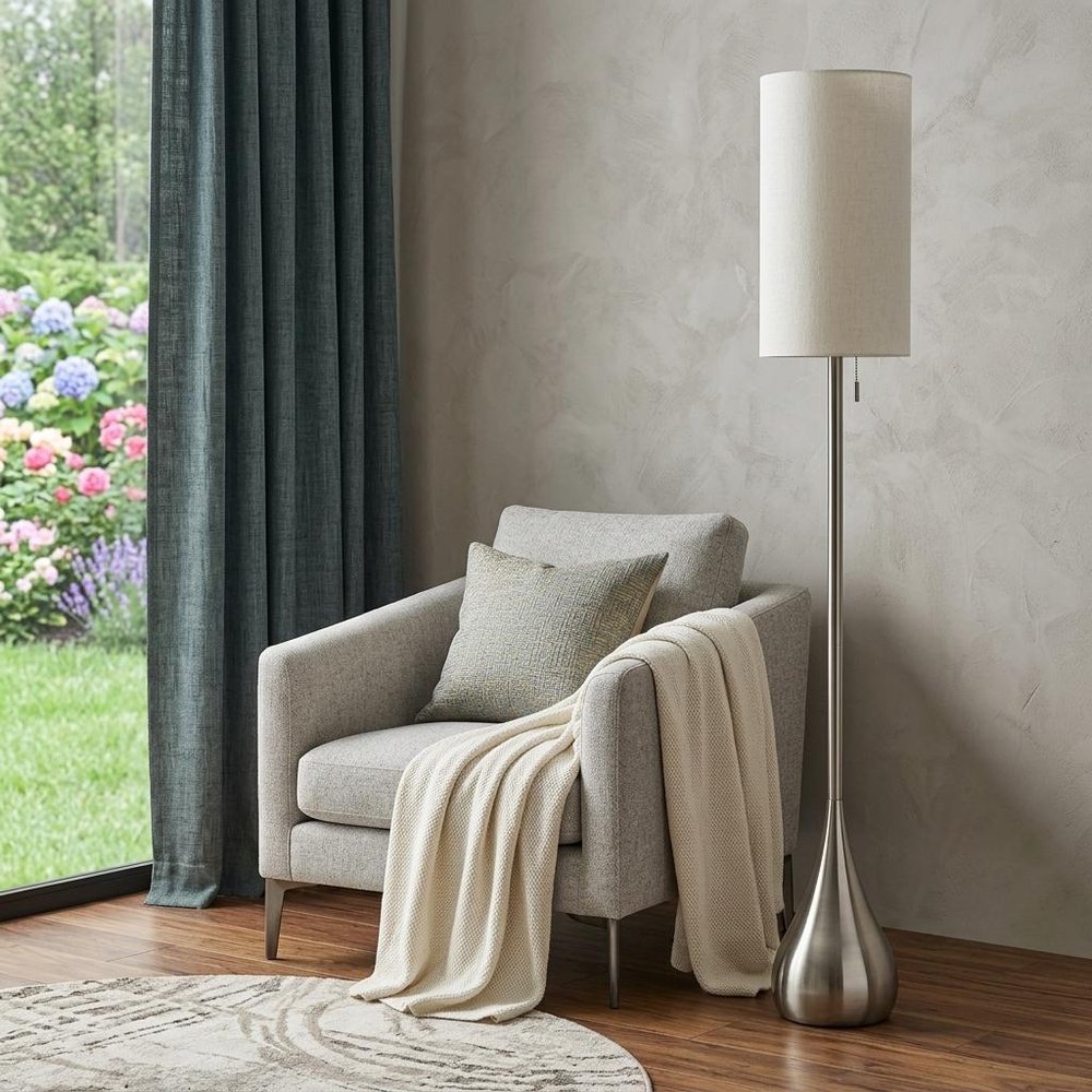68" Silver Floor Lamp With White Fabric Drum Shade