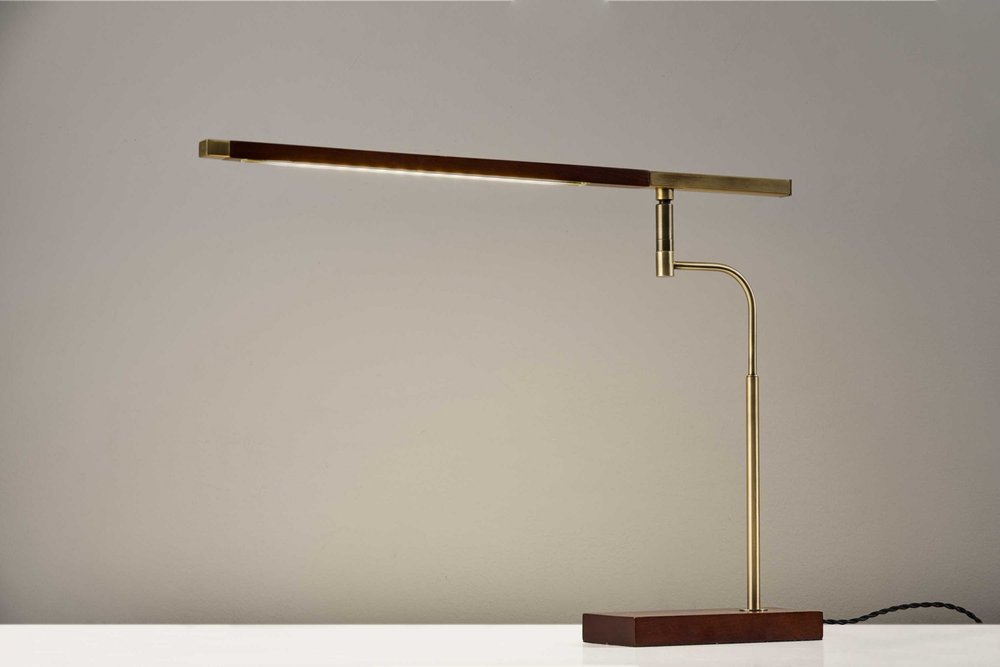 Walnut Wood Finish And Antique Brass Metal Adjustable Led Desk Lamp With Usb Port close-up detail